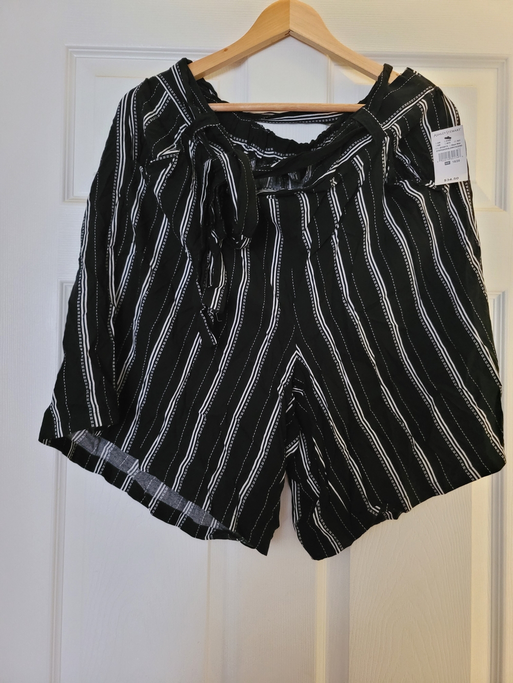 Ashley Stewart Black and White Vertical Stripe Tie-Waist Shorts